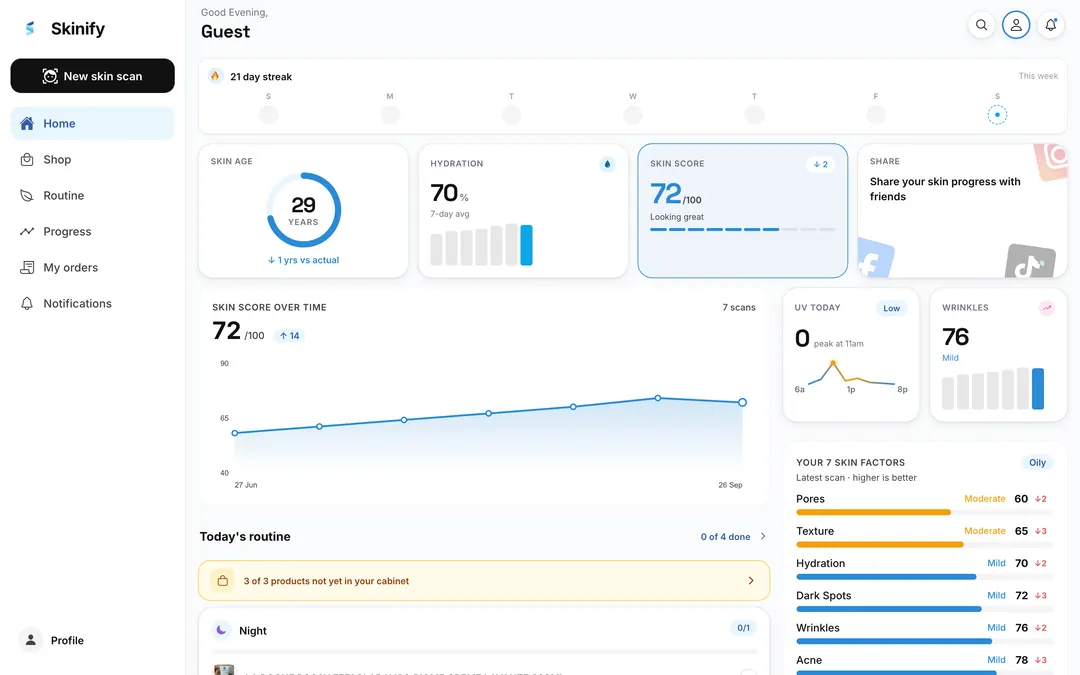Skinify web app: skin score over time, skin age, hydration and the 7 skin factors