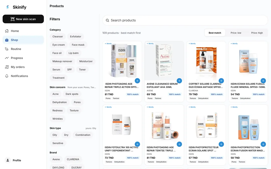 Skinify shop in the browser: products sorted by best match, each with a % match and price in TND