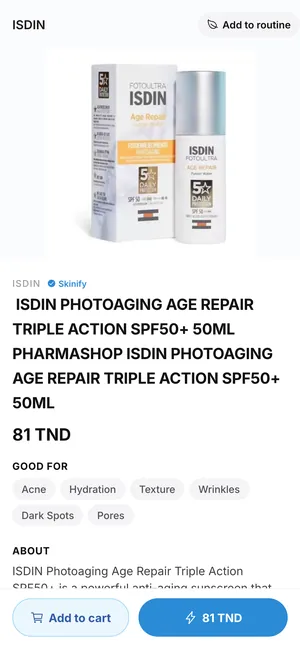 Skinify product page: ISDIN sunscreen at 81 TND with the skin factors it is good for